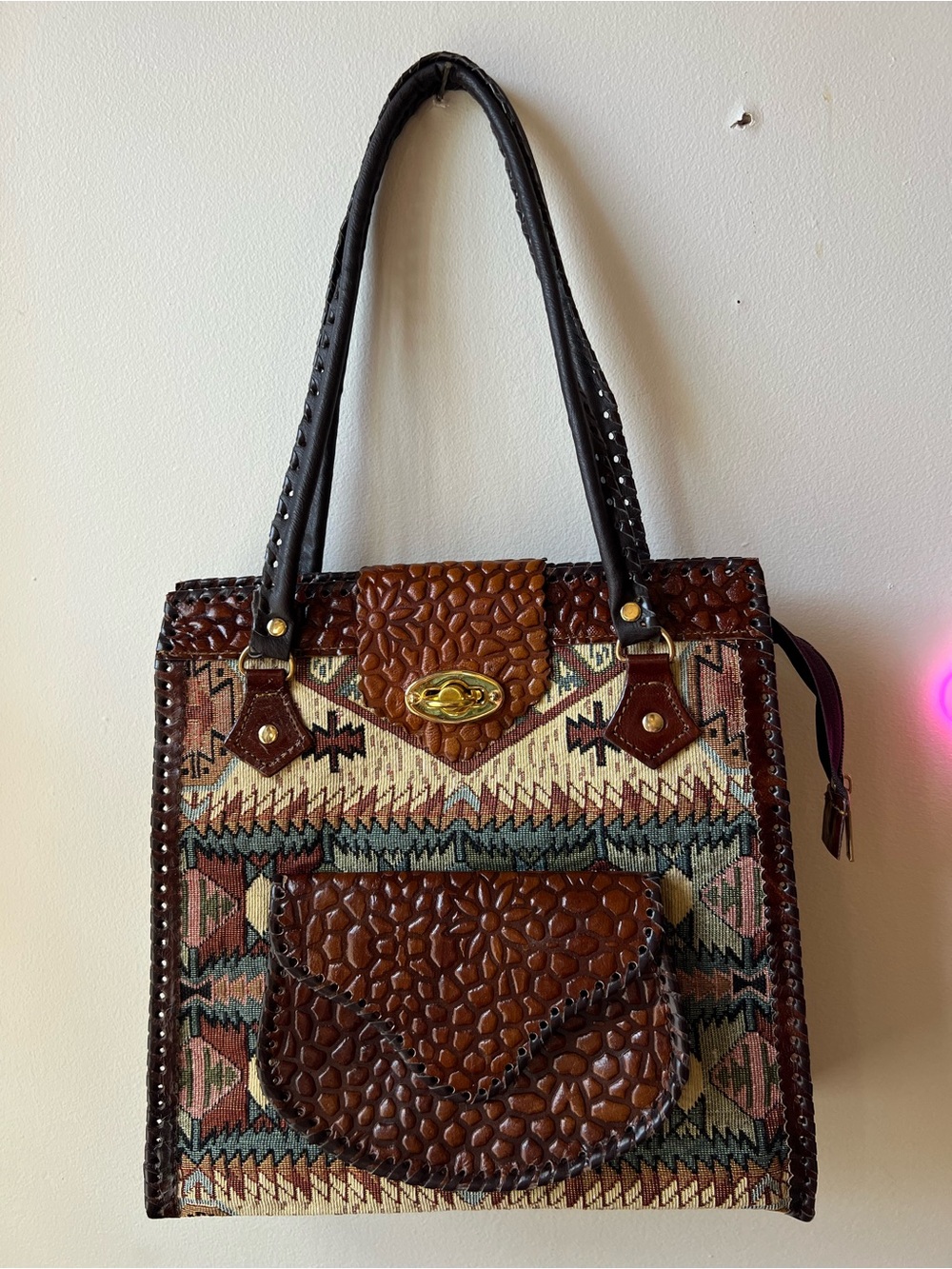 Brown Leather & Western Style Print Tote Shoulder Bag